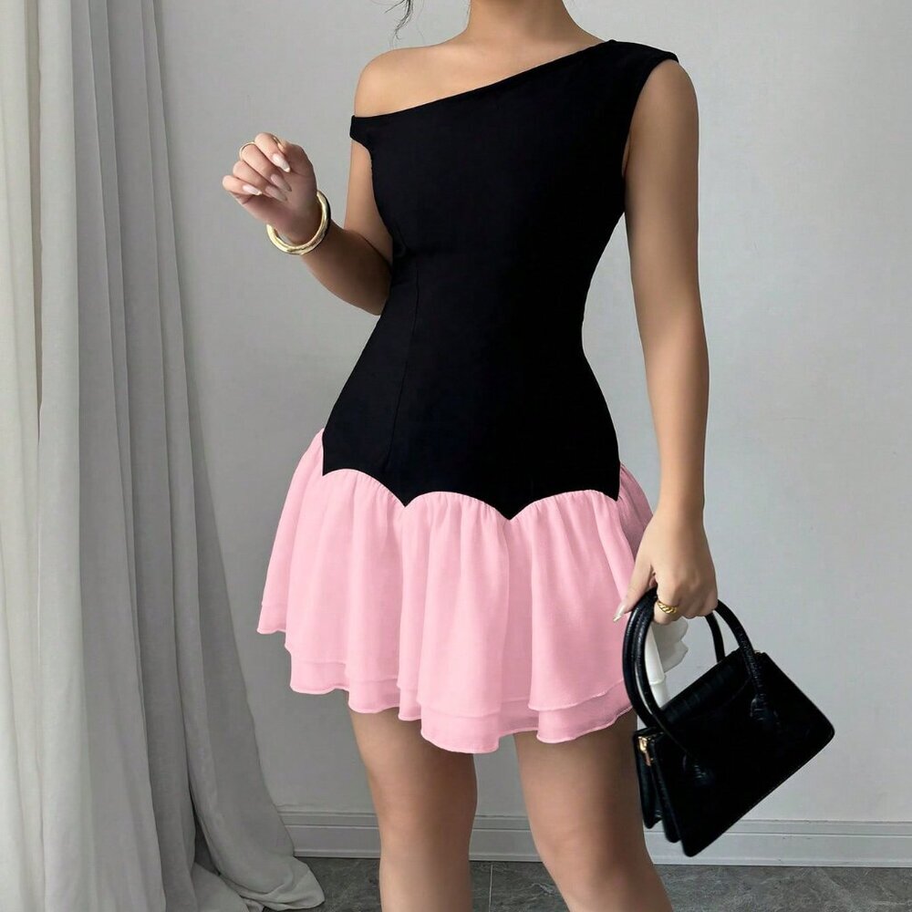 Pink Casual Women's Contrast Color Patchwork Chiffon Asymmetrical Mini Dress - Picture 5 of 6